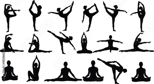 A collection of black silhouettes showing various yoga poses and stretches on a white background