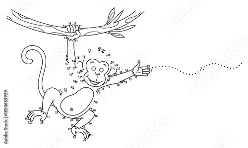 Connect the dots puzzle game with monkey hanging on a tree branch
