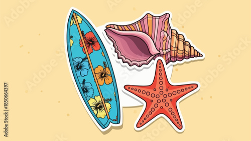 Surfboard Seashell and Starfish Beach Vacation Icons.