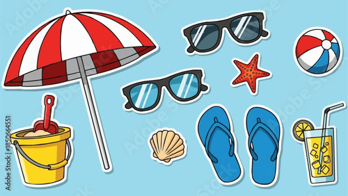 Beach Vacation Essentials Collection With Umbrella And Sunglasses.