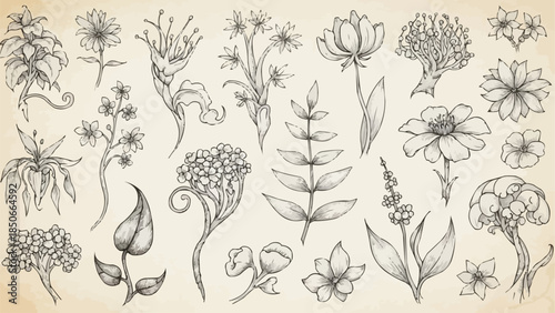 Collection of Hand Drawn Botanical Illustrations of Various Flowers and Plants.