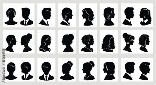 A collection of diverse male and female human head and shoulder silhouette portraits
