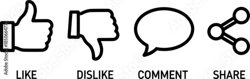 Social media icons for like, dislike, comment, and share in simple line art silhouette