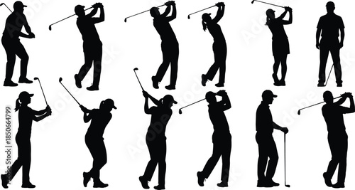 Collection of golf player silhouettes showing various dynamic swing poses for sports and recreation graphics