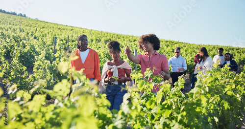 Obraz na płótnie Vineyard, walking or people with tour guide on farm, agritourism or winery explanation for guest