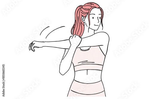 腕を伸ばしてストレッチする女性のシンプル線画イラスト