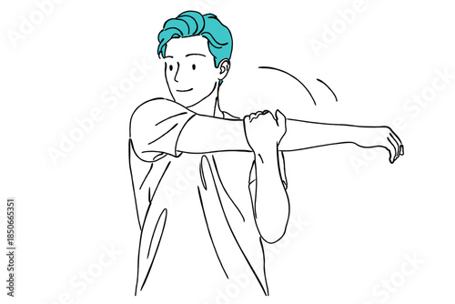 腕を伸ばしてストレッチする男性のシンプル線画イラスト