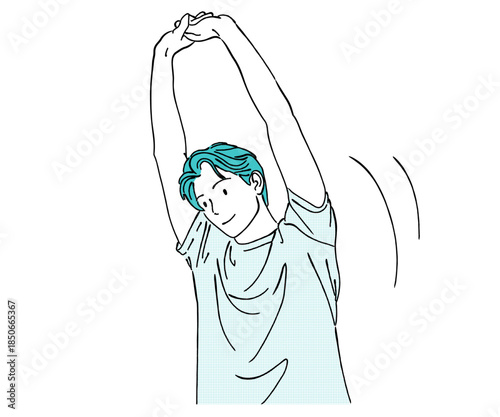 両腕を上に体側を伸ばす男性の体側ストレッチ線画イラスト