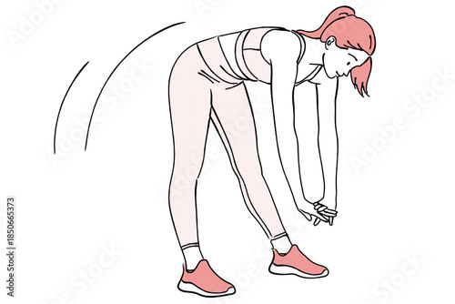 前屈して体を伸ばす女性のストレッチ線画イラスト
