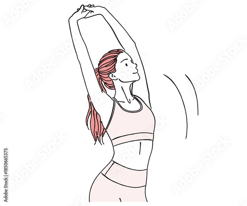 両腕を上に伸ばす女性の体側ストレッチ線画イラスト