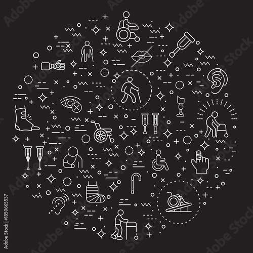 Simple Set of Disability People Related Vector Illustration. Contains such Icons as Disabled health care, medical tools, equipment stick figure, crutches, wheelchair, cane, electric wheelchair