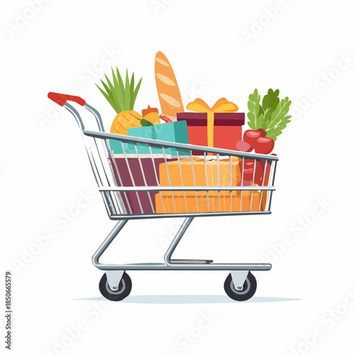 Fully loaded shopping cart illustration, brimming with fresh produce and gift boxes, symbolizing a rewarding retail experience and successful consumer journey