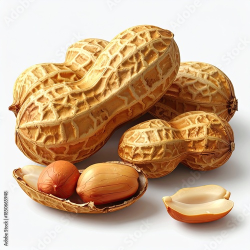 Three whole peanuts and two halves, showing shells and nuts