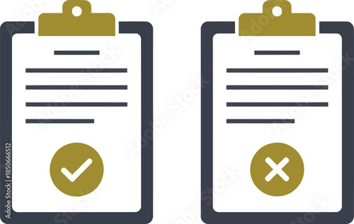 Clipboard icons for approved and rejected documents in gold and black silhouette