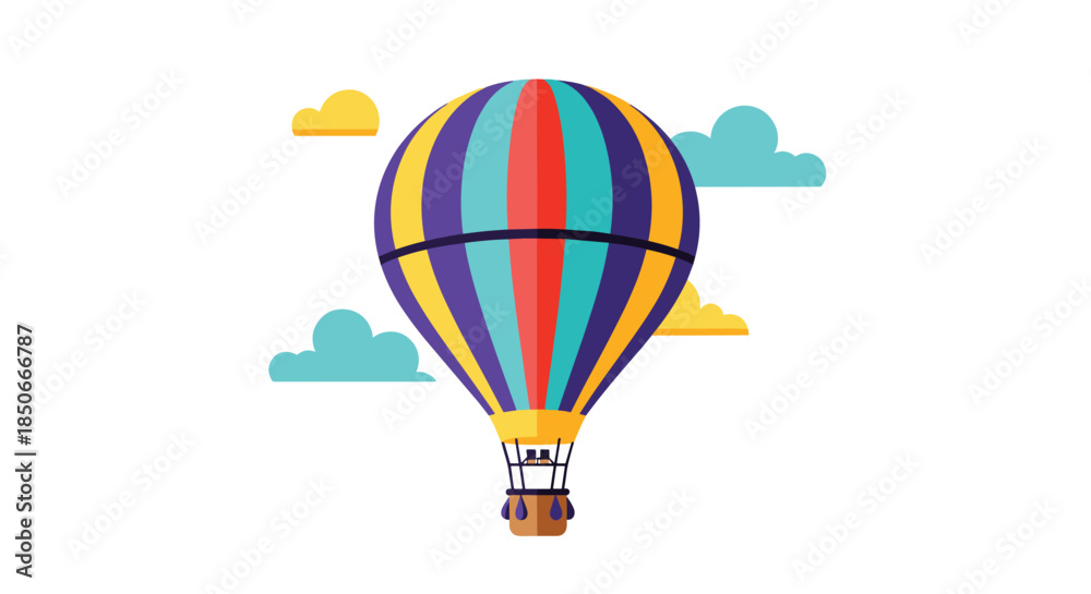 Obraz premium Vibrant and colorful hot air balloon with rainbow stripes floating in the sky surrounded by soft yellow and turquoise clouds for adventure.