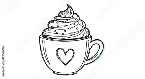 Outline illustration of a coffee cup filled with a tall swirl of whipped cream and a heart symbol on the mug for cafe branding or coloring.