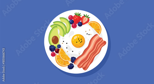 High angle view of a healthy breakfast platter with a fried egg crispy bacon strips avocado slices and various fresh berries and fruits.