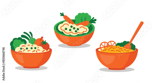 Selection of three healthy food bowls containing nutritious porridge topped with various vegetables like carrots broccoli and tomatoes.