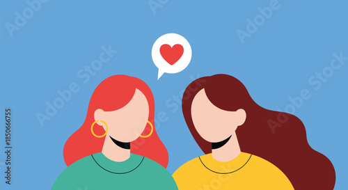 Illustration of two women with red and brown hair engaged in conversation with a small red heart in a speech bubble above them for friendship.