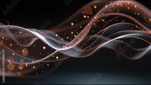 Energy waves flowing smoothly across a dark background with glowing orange particles and fluid motion