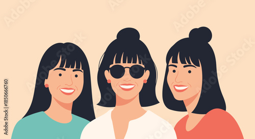 Group of three smiling women with black hair and different modern hairstyles wearing colorful shirts against a soft beige background area.