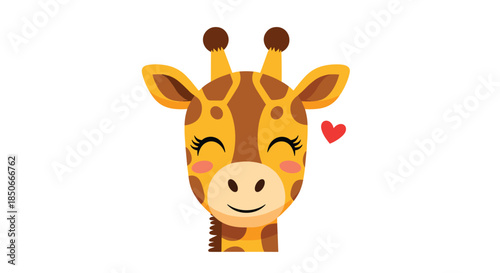 Adorable cartoon giraffe face with a happy expression and a small red heart icon floating nearby against a clean white background design.