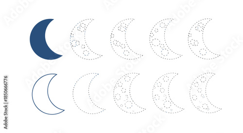 Educational worksheet for children featuring dashed lines for tracing crescent moon shapes with craters for fine motor skills development.