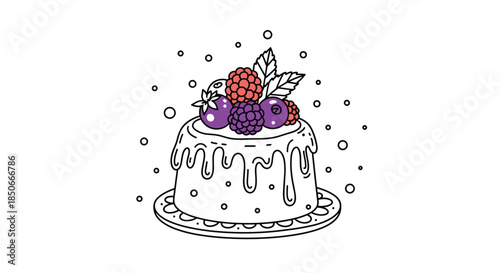 Partly colored line drawing of a delicious dessert cake topped with fresh berries like raspberries and blackberries with white icing drips.