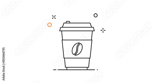 Minimalist line art illustration of a disposable coffee cup with a lid and a coffee bean logo on the sleeve for cafe and take out concepts.