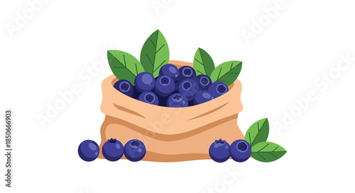 Rustic burlap bag overflowing with fresh blue blueberries and green leaves, with scattered berries on the ground.