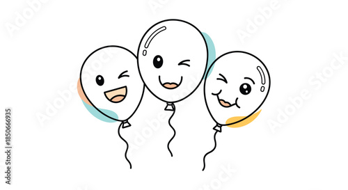 Cheerful cartoon illustration of three white balloons with cute winking and smiling faces, perfect for a celebration.