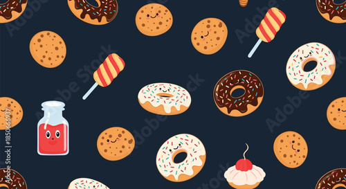 Delicious seamless pattern featuring smiling cartoon cookies, colorful donuts, lollipops, and cupcakes on a dark background.
