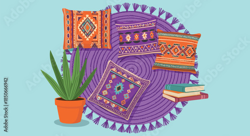 Cozy interior scene illustration featuring a round purple rug, patterned pillows, a stack of books, and a potted aloe plant.