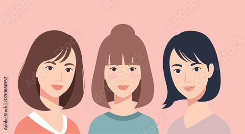 Modern and stylish illustration of three diverse young women with different hair colors and styles against a pink backdrop.
