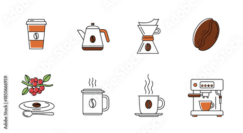 Collection of colorful coffee icons including a paper cup, kettle, dripper, coffee bean, branch with berries, and an espresso machine.
