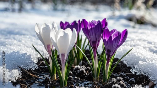 Delicate purple and white crocuses emerging from melting snow, signaling the arrival of spring and new life