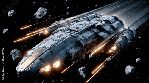 Futuristic spaceship navigating through asteroid field with propulsion flames in outer space, science fiction and adventure theme