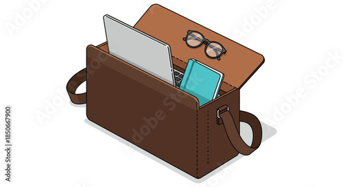 vector illustration of open leather laptop bag with notebook and glasses on white background symbolizing modern mobile office work