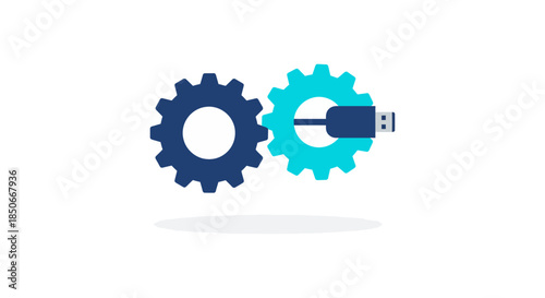 usb cable connecting blue cogwheels minimalist flat icon symbolizing data integration software configuration and system backup