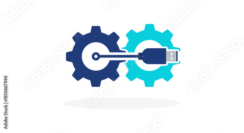 usb cable connecting two gear icons flat vector illustration of software integration and data sync concept for tech support and api solutions