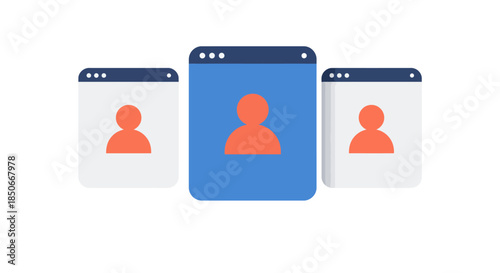 user profile selection interface with abstract avatar icons in multiple browser windows illustrating online account management and ux design