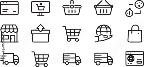 Black and white shopping icon set with cart bag basket and e commerce symbols