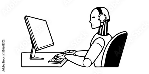 AI-Powered Humanoid Robot Working at Computer in Modern Office