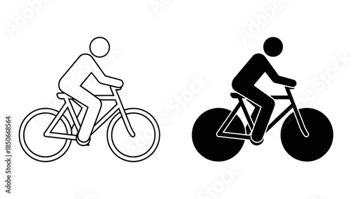 Outline and solid black silhouette icon depicting a person riding a bicycle, symbolizing cycling activity