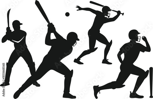 Cricket players silhouettes batting bowling fielding action