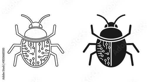 Outline and solid icon of a bug with circuit board pattern representing software glitch