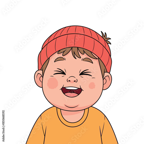 A happy child wearing a red hat and orange shirt laughs joyfully, az-2 illustration style