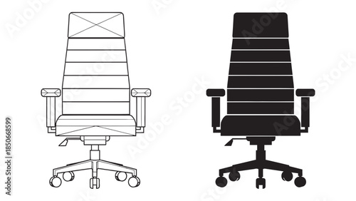 Modern ergonomic office chair in blueprint and silhouette view