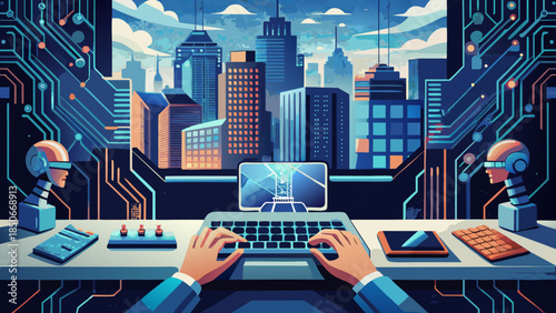 Two professionals working on computers in a futuristic cityscape