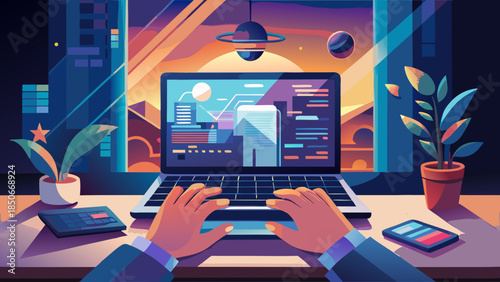 Analyzing data on a futuristic laptop